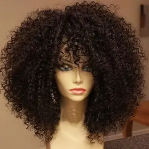 16-Inch Natural Black Afro Curly Wig with Bangs - Voluminous Kinky Synthetic Hair for Women, Heat Resistant,#1B (Nature Black), Versatile Hairstyle, Perfect for Everyday or Special Occasions, Female