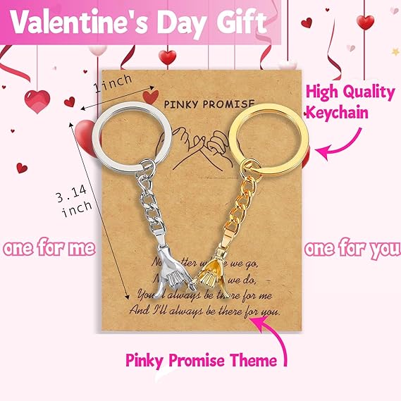 Pinky Promise Matching Keychains for Couples, Romantic Valentine‘s Day Gifts for Him Her Boyfriend Girlfriend, Meaningful Anniversary Presents for Long Distance Relationship, Premium Quality Elegant Design Couple Keychain Set Gold Silver (3.9 Inch)