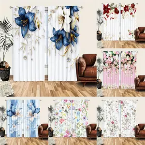 1 set of two elegant floral curtains - romantic blue and white floral design, semi transparent pole pocket curtains, suitable for bedroom and living room decoration, spring and summer home decoration, living room curtains, Window Curtain