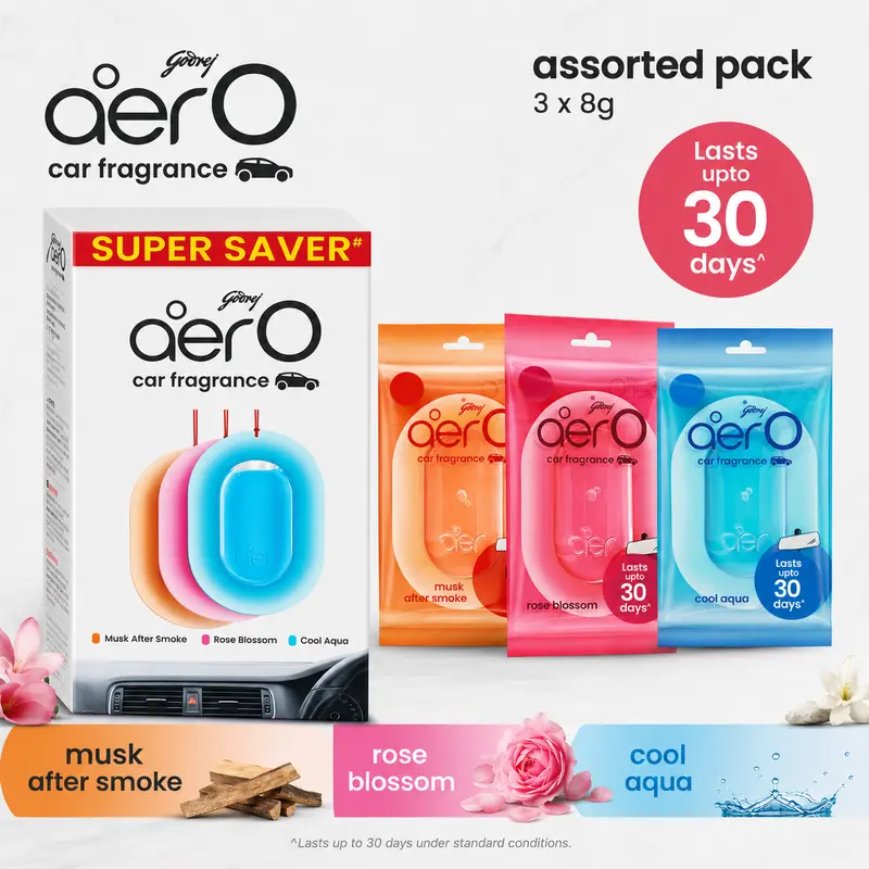 Godrej Aer O Hanging Car Freshener Assortment Set (Pack of 3) - Auto Accessories, Smoke Odor Remover, Oil Deodorizer, Musk Scent, Cars, Long-Lasting