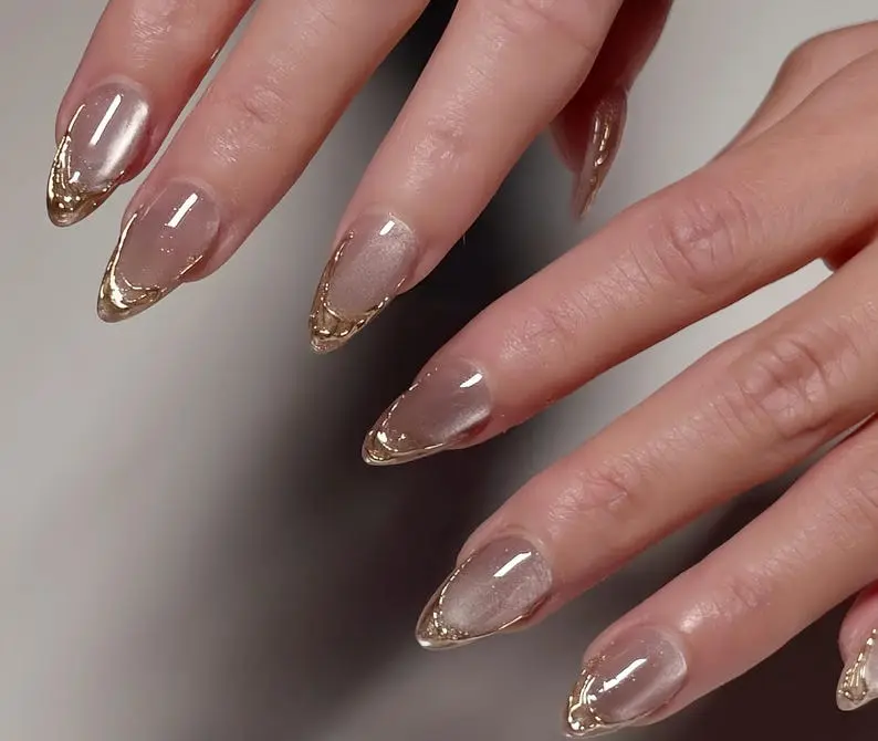 Handmade Gold French Cat Eye Press On Nails, Glitter Nail Art