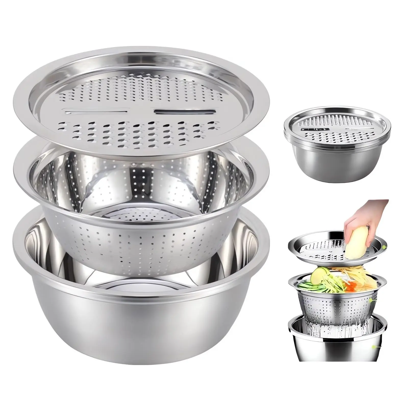 Multifunctional Stainless Steel Basin Set with Filter Basket, Salad Spinner, Rice Washing Bowl & Food Grater, Fruit Vegetable Colander for Kitchen Prep