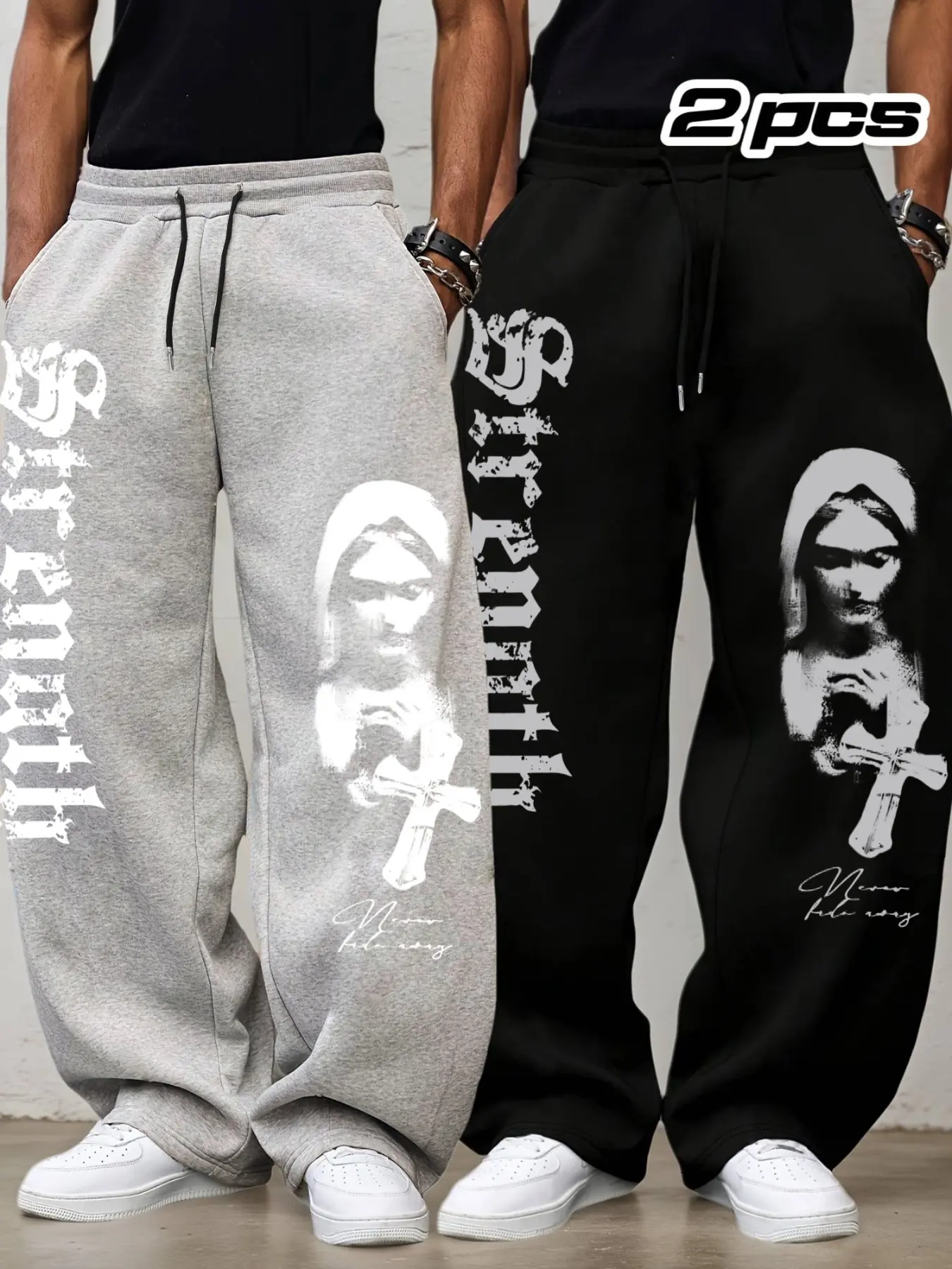 Men's 2-Piece Athleisure Design Virgin Mary & Cross Print Drawstring Sports Pants, Casual Sporty Pants, Adjustable Waist, Loose Straight Fit, Sports Casual Pants, Casual Street Sweatpants, Athleisure Bottoms