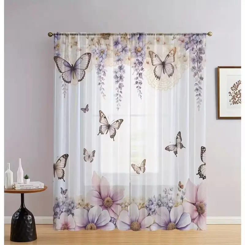 Two-Piece Floral Print Sheer Curtains, Elegant Bedroom Drapes, Soft Breathable Fabric, Perfect Home Decor, Home Decoration Curtain, Sheer Printed Curtains, Window Drapes, Ca Prop 65 Compliant