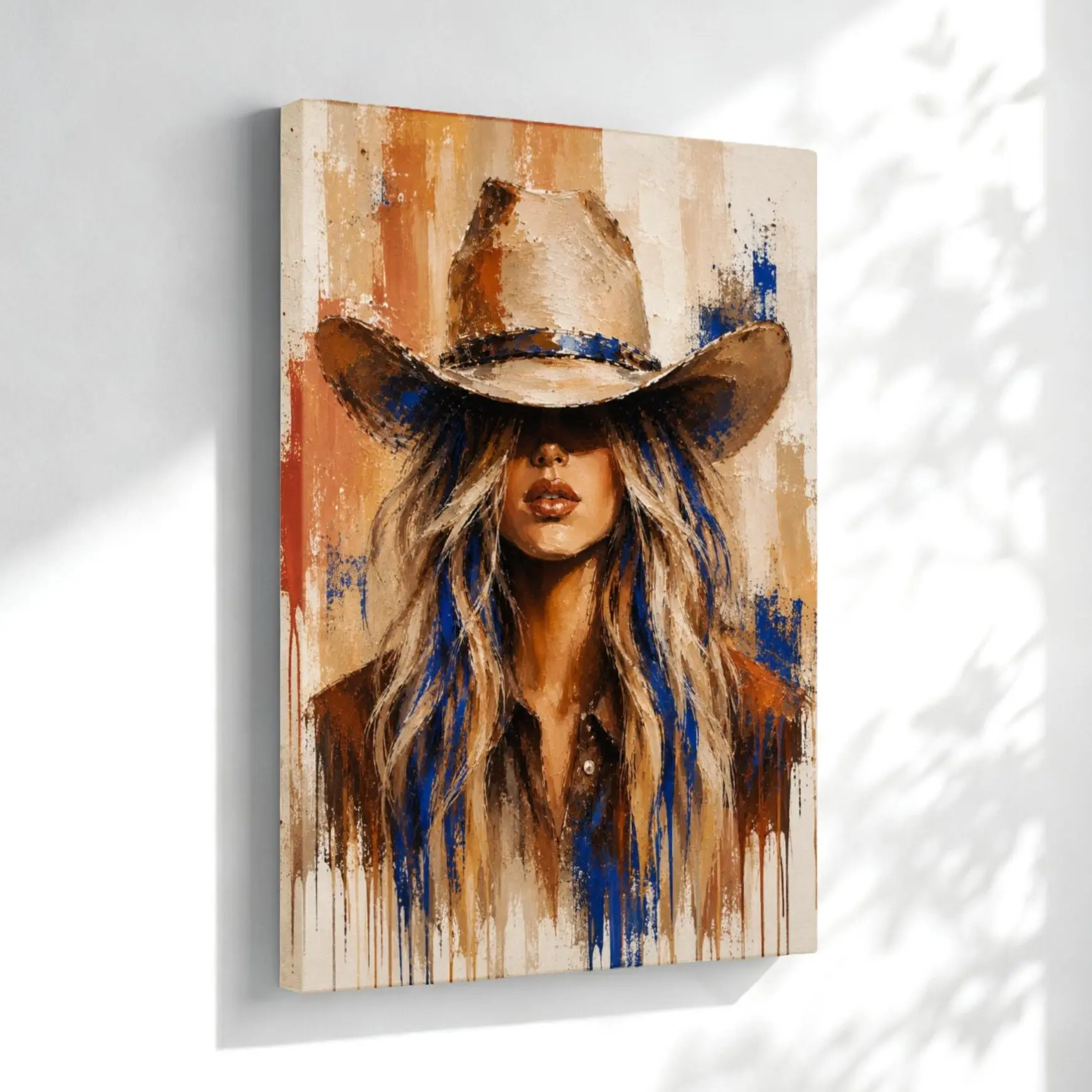 [Back To School] Artistic Framed Cowgirl Canvas Wall Artwork, Rich Colors Western Cowgirl Portrait with Cowboy Hat, Ready-to-Hang Rustic Decoration, Home Decor Gift for Bedroom, Dorm, Farmhouse (Home Supplies, Posters & Prints)