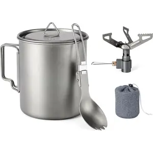 Titanium Camping Cookware 750ML Titanium Pot with Camping Stove and Spork Portable Pot for Backpacking, Hiking.