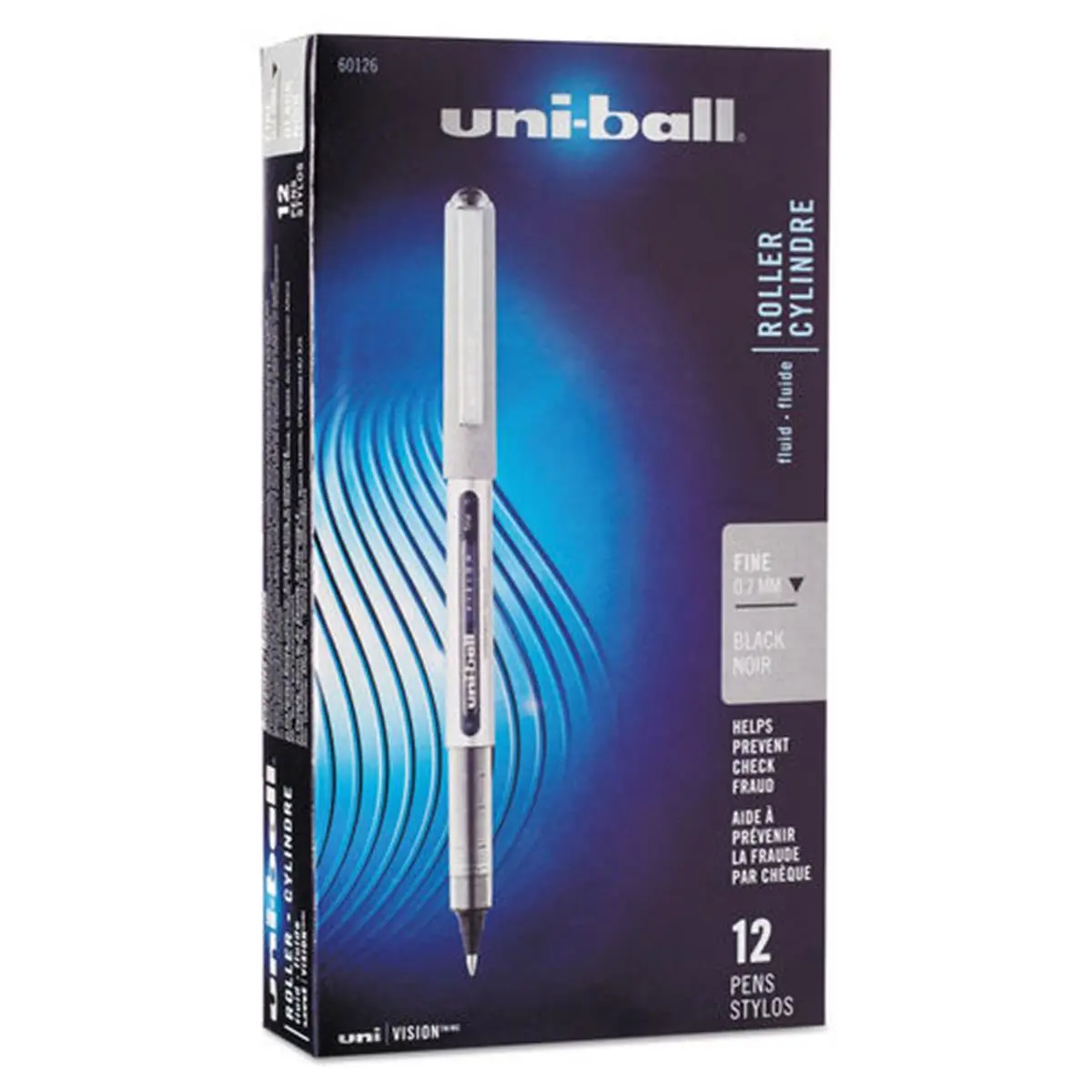 Uni-Ball VISION Stick Classic Roller Ball Pen, UBC60126 Model, 0.7 mm Fine Micro Tip, Acid-Free Black Ink, Black & Gray Barrel - 1 Dozen, Refill-Compatible Option for Document Keeping