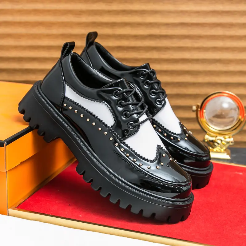 Men's Oxfords Footwear - Glossy Finish Studded PU Leather Lace-Up Closed Office Shoes, Chunky Heel, Round Toe, Ankle Height, All Seasons, CN38, for Business Casual Outfits
