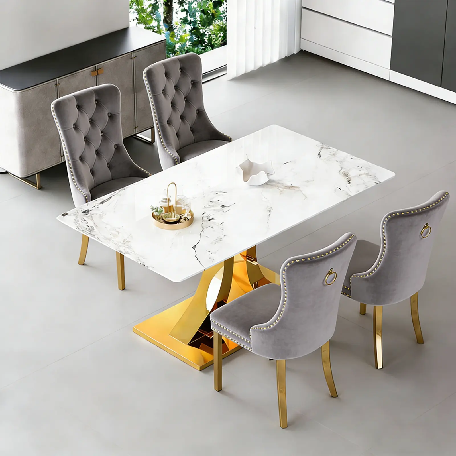1 Table+4 Gray Golden Metal Legs Chairs