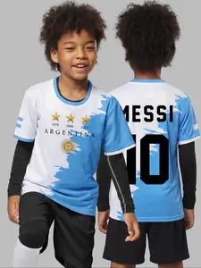 Kids' Gradient Blue & White Soccer Jersey & Shorts Set, Sun Pattern & Number 10 Print, Quick-Dry Breathable Football Uniform for Boys and Girls Jersey Shirt
