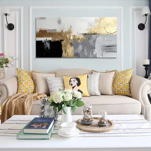 Sxurmtiie Hand-Painted Gold Abstract Oil Painting on Canvas Framed White and Black Wall Art for Living Room,Large Wall Picture for Bedroom Kitchen Home wall art Decor Decoration Decor Decoration