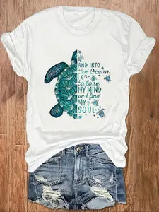 Women's Sea Turtle Print Round Neck Tee, Casual Short Sleeve Crew Neck T-shirt for Daily Wear, Ladies Sleepwear for All Seasons, Top, Womenswear