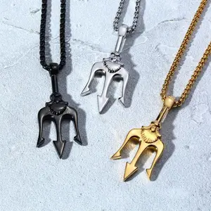 Titanium Steel Neptune Trident Pendant Fashion Necklace for Women Personalized Design Men's Domineering Hip-Hop Simple Sweater Chain