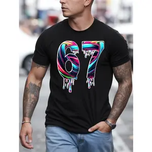 67 Meme Number 6 & 7 Dripping T-Shirt - Funny Joke Print Casual Short Sleeve 67th Gift