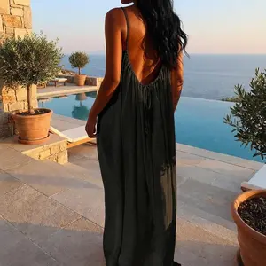 Women's Solid Color Cami Lounge Dress, Elegant Sleeveless Long Dress for Summer, Ladies Sleepwear for Indoor Wear