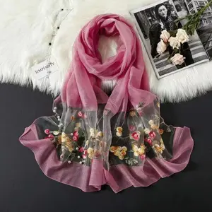 Elegant Versatile Embroidered Imitation Silk Scarf for Women, Thin Embroidered Organza Shawl, Dual-use Shawl with Elegant Temperament