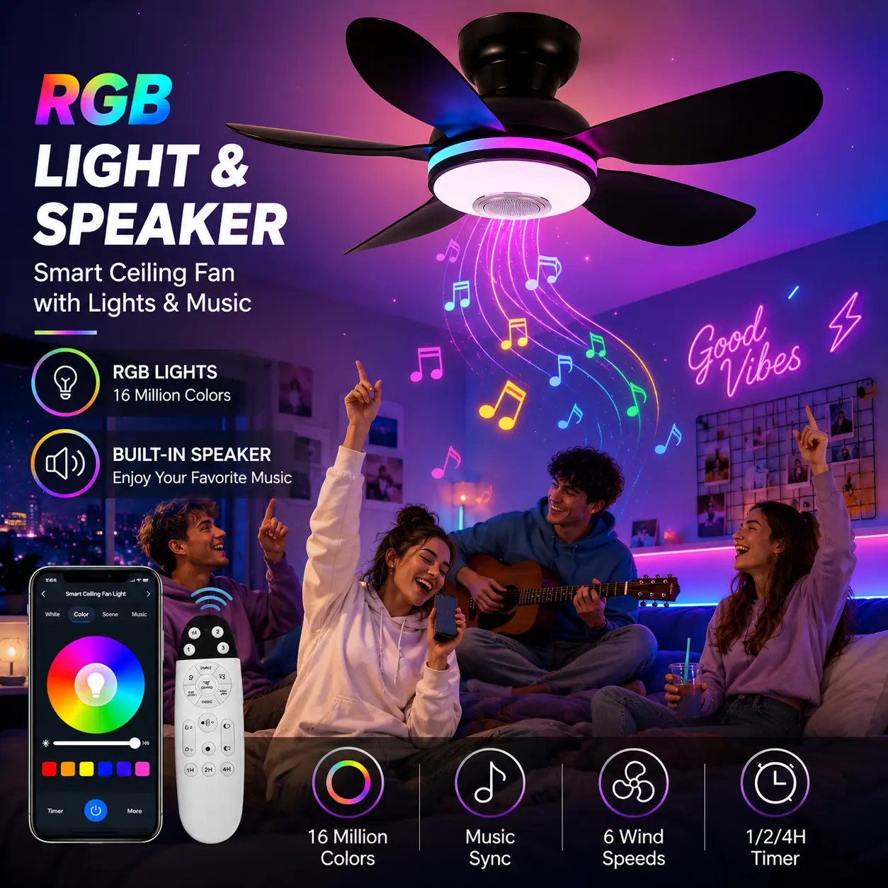 RGB Flush Mount Ceiling Fan with Light Bluetooth Speaker Smart Ambient Lighting Quiet DC Motor Remote and App Control for Bedroom and Party Space