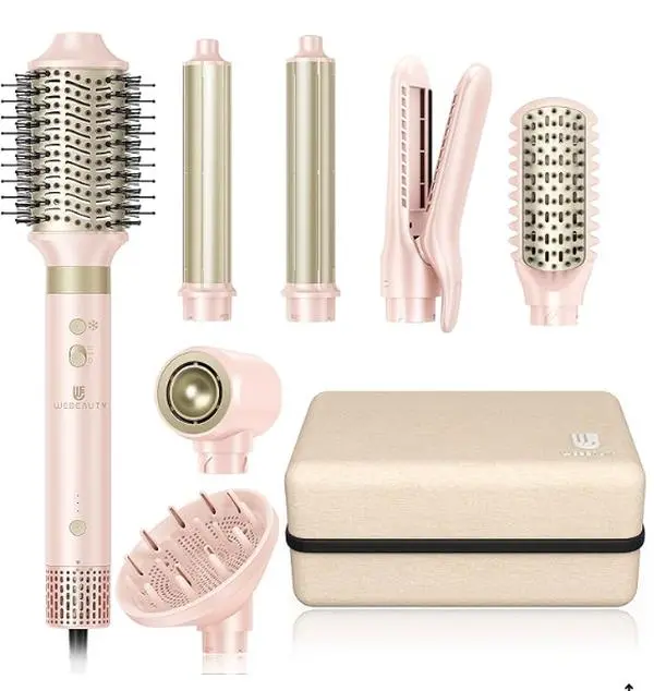 8-in-1 Hot Air Brush Styler Kit for Frizz Control - Ceramic Ion Dryer with 110,000 RPM Motor, Auto-Wrap Curlers for Wavy Styles & Straightener for Silky Results, Set, Hair Diffuser, Silky Straight Hair, Wavy Hair Styling