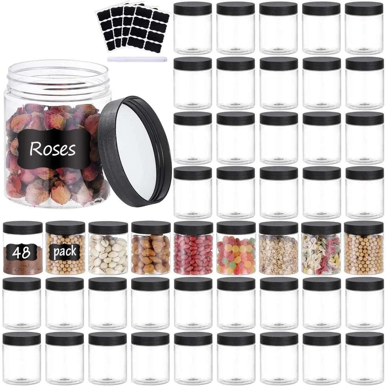 48 count 8OZ Plastic Jars with Screw On Lids, Labels Refillable Empty Round Slime Containers for Storing Dry , Honey Jam, Cream, Butter, Lotion