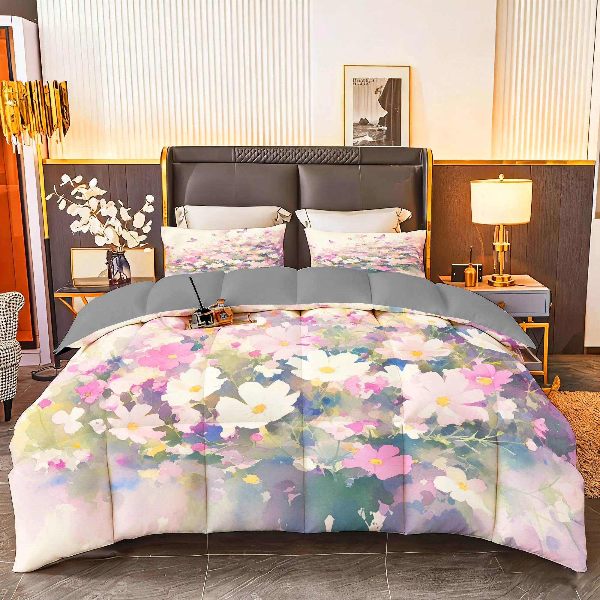 3pcs (1 comforter + 2 pillowcases) All - Season Bedding Set, Soft & Fluffy, Hypoallergenic, Wrinkle & Fade Resistant, Easy - Care, Watercolor Floral Pattern with Butterflies, Queen/King/Full/Twin Size, Hotel - Quality Durable Fabric for Bedroom, Gues
