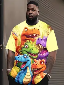 Men's Plus Size Short Anime Dinosaur T-Shirt, Cute Tyrannosaurus and Colorful Dinosaurs Graphics Print, Soft Breathable Fabric, Casual Streetwear Comfort Fit