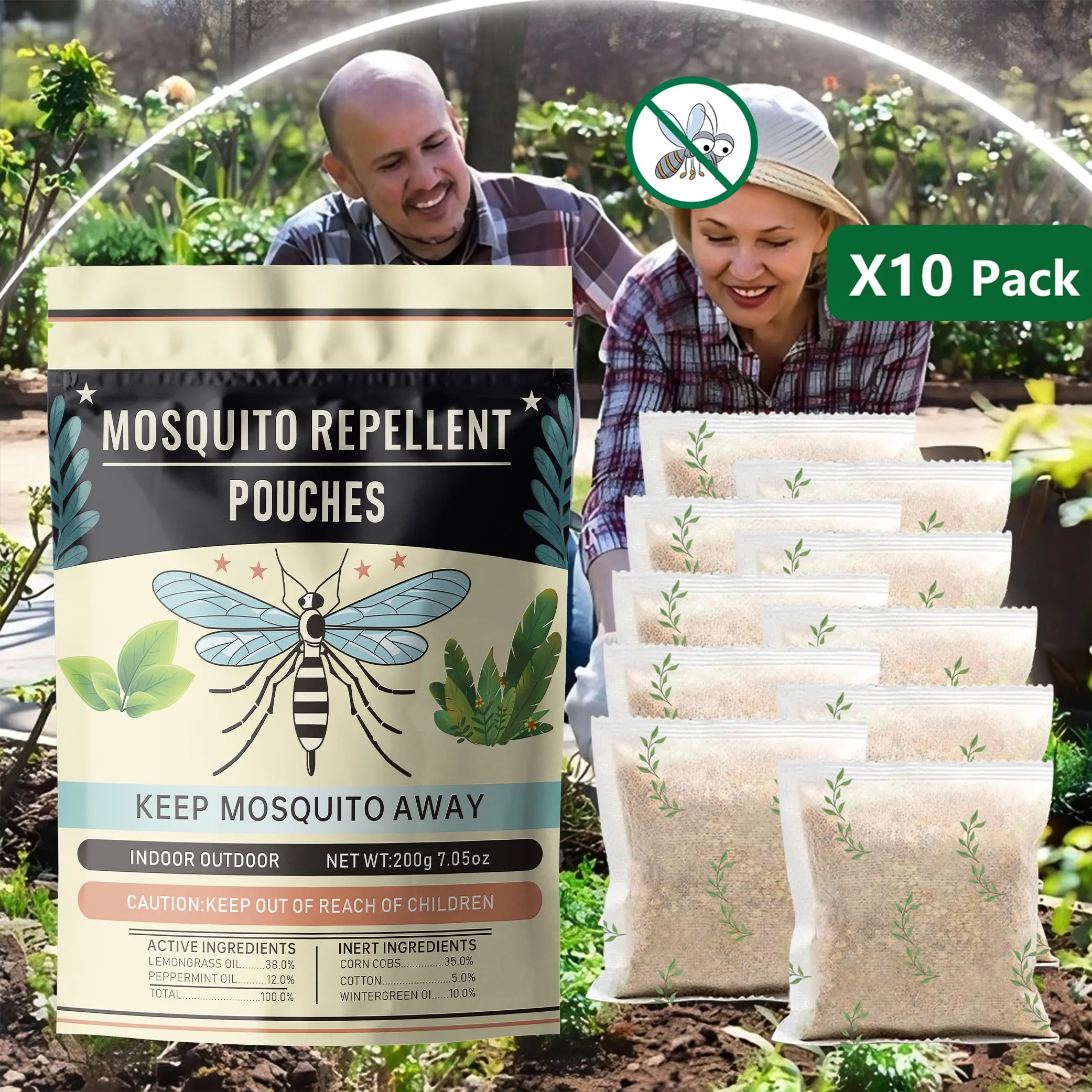 10-Pack Natural Lemongrass Peppermint Mosquito Repellent Individual Sachets, Plant-Based Bug Deterrent with 120sqft Coverage, Pet & Kid-Safe for Outdoor Spaces, Camping, Indoor Use