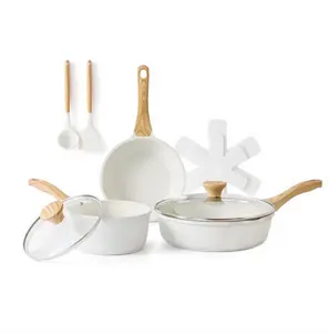 10-Piece Ceramic Pots and Pans Set, White Induction Nonstick Cookware Set, Healthy Kitchen Cooking Sets with Stay-Cool Handles, Stackable