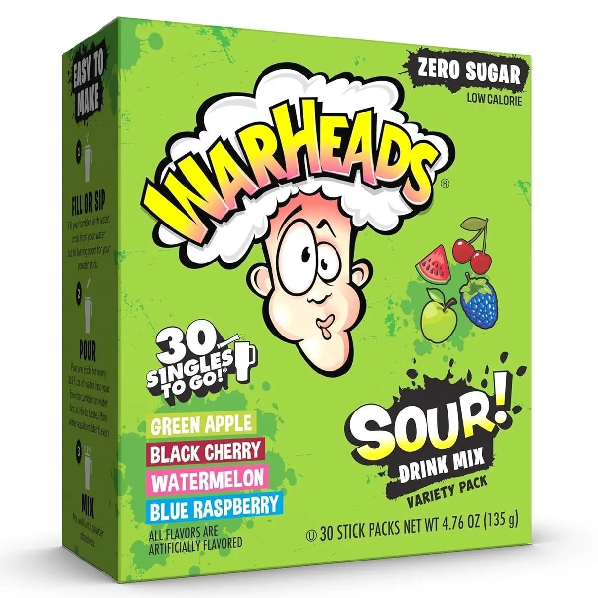 Warheads Singles To Go Sour Drink Mix, 30 Sticks, Variety Pack (Green Apple, Black Cherry, Watermelon, Blue Raspberry), Zero Sugar, Low Calorie