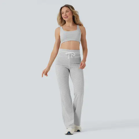 Halara 2-Piece Low Support U Neck Cut Out Stripe Yoga Sports Bra & High Waisted Drawstring Striped Yoga Pants with Pockets Set