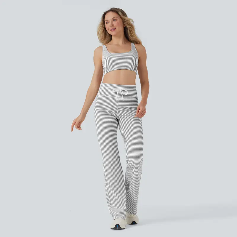 Halara 2-Piece Low Support U Neck Cut Out Stripe Yoga Sports Bra & High Waisted Drawstring Striped Yoga Pants with Pockets Set