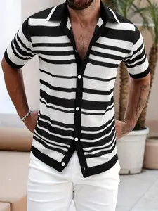 Men's Striped Turn-Down Collar Short Sleeve Shirt, Collared Shirts, Casual Button Collared, Fashionable Design, Casual Fit, Versatile Top for Daily Wear