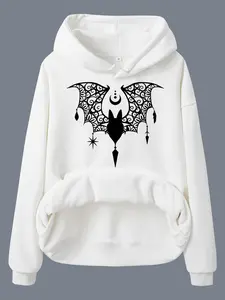 Women's Casual Batwing Sleeve Hoodie with Moon Star Print, Fleece Lined Pullover Sweatshirt, Fall & Winter Loose Fit Jumper