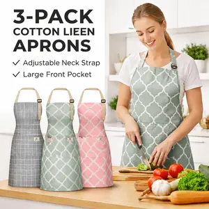 3 Pack Aprons for Women with Pockets – Cotton Linen Waterproof Kitchen Cooking Aprons, Adjustable Neck Strap & Long Ties, Chef Apron for Men Women