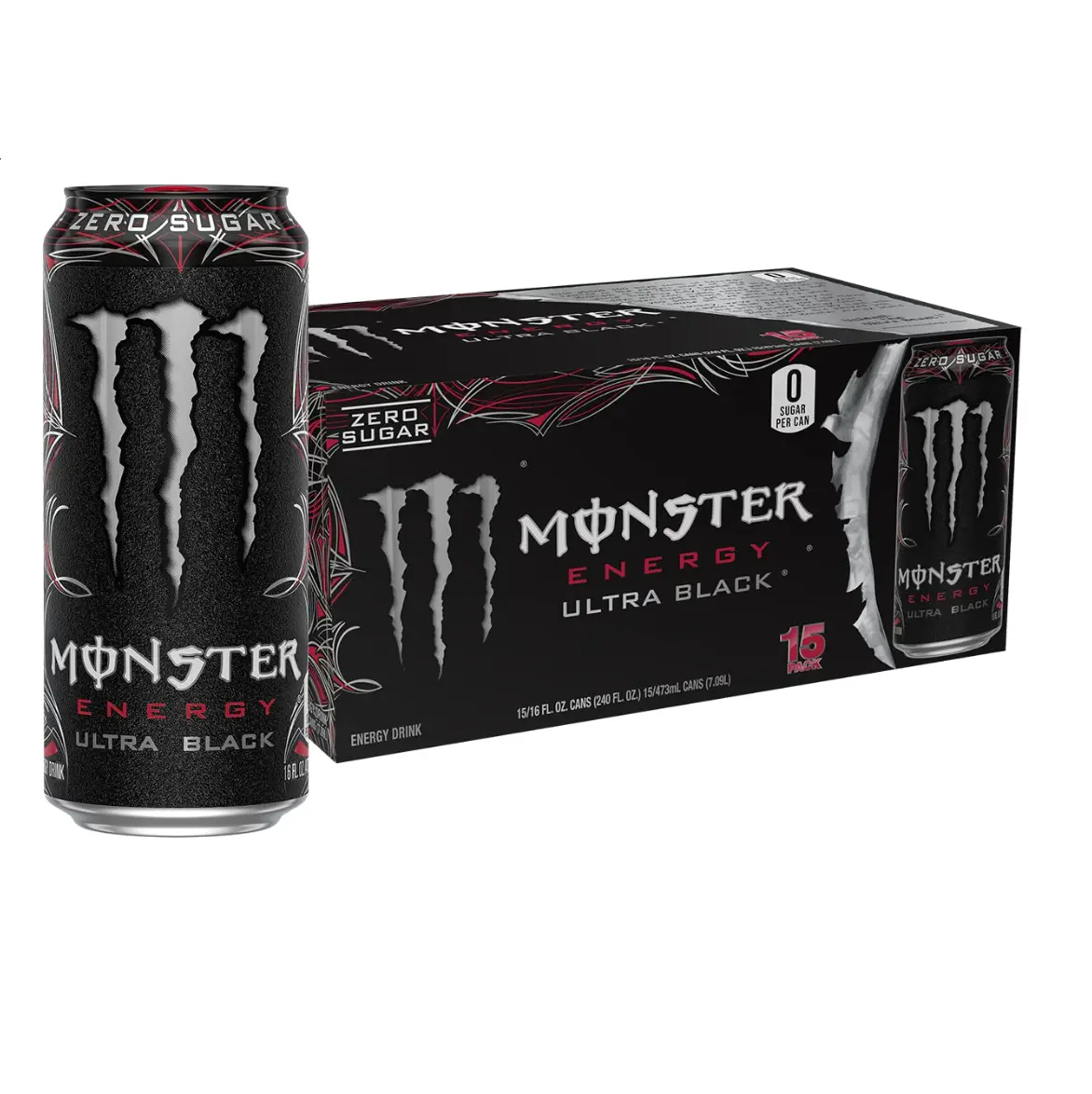 Monster Energy Ultra Black, Sugar Free Energy Drink, 16 Ounce (Pack of 15)
