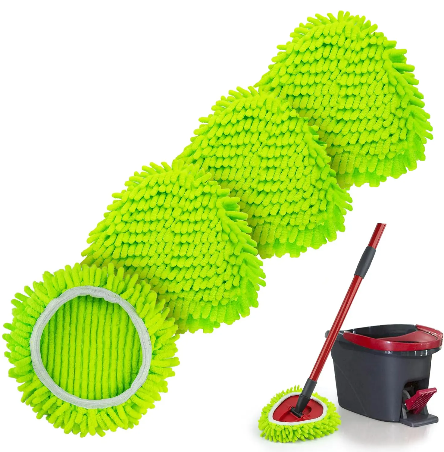 【NO BUCKET/HANDLE】Chenille Duster Mop Head Compatible with O Cedar Mop Easywring 1-Tank System, Microfiber Chenille Mop Pads Spin Mop Refill for Dry & Wet Use, 4 Pack Cleaning