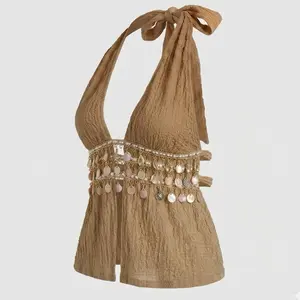 Backless Strap Halter Top Sequins Shell Decor Open Top Deep V Neck Bohemian Tank Top Womenswear