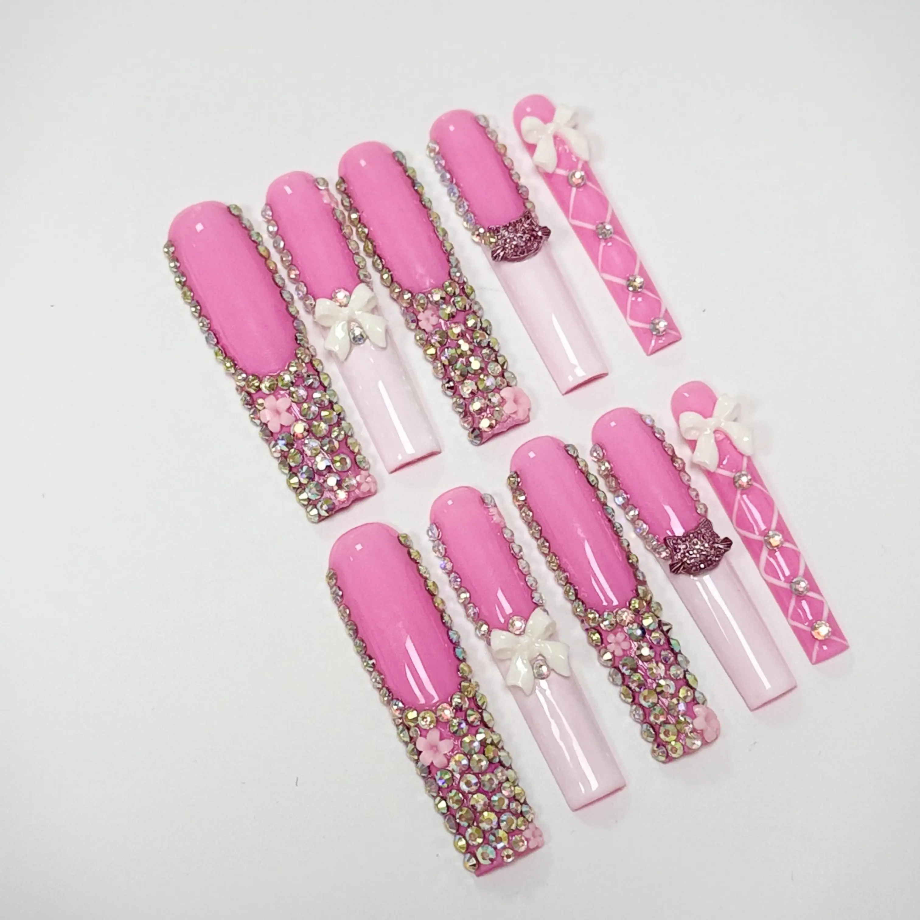 Dreamy Pink Handmade Press-On Nails | Long Square Coffin with 3D Bows, Rhinestones & Lace-up Details | Y2K Cute Fake Nails for Women & Girls