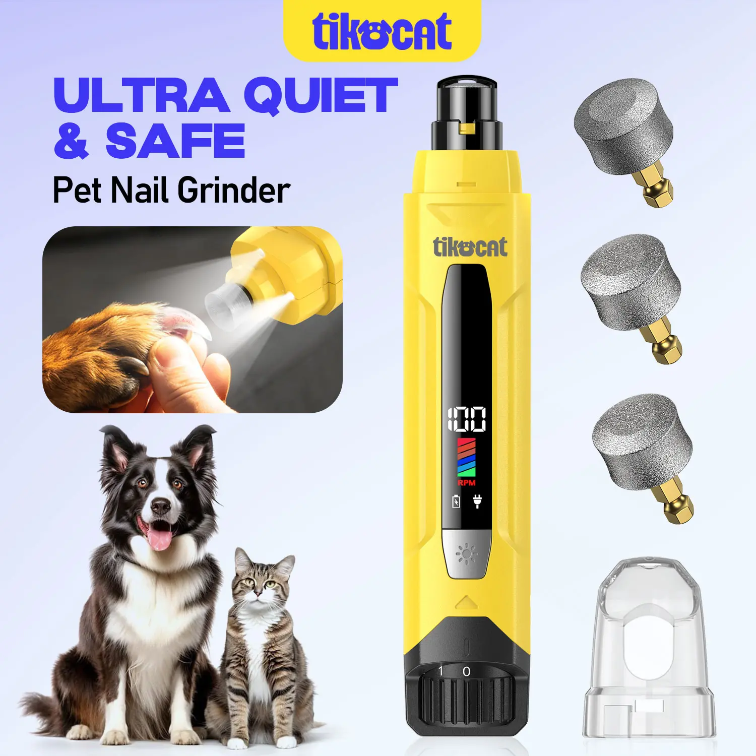 【TIKOCAT Official 】50% More Powerful Whisper-Quiet Dog Nail Grinder with 6 Speeds,4 Lights,3 Replaceable Bits Safe & Stress Free Nail Grooming Best for Sensitive Dogs Cats of All Breeds & Sizes
