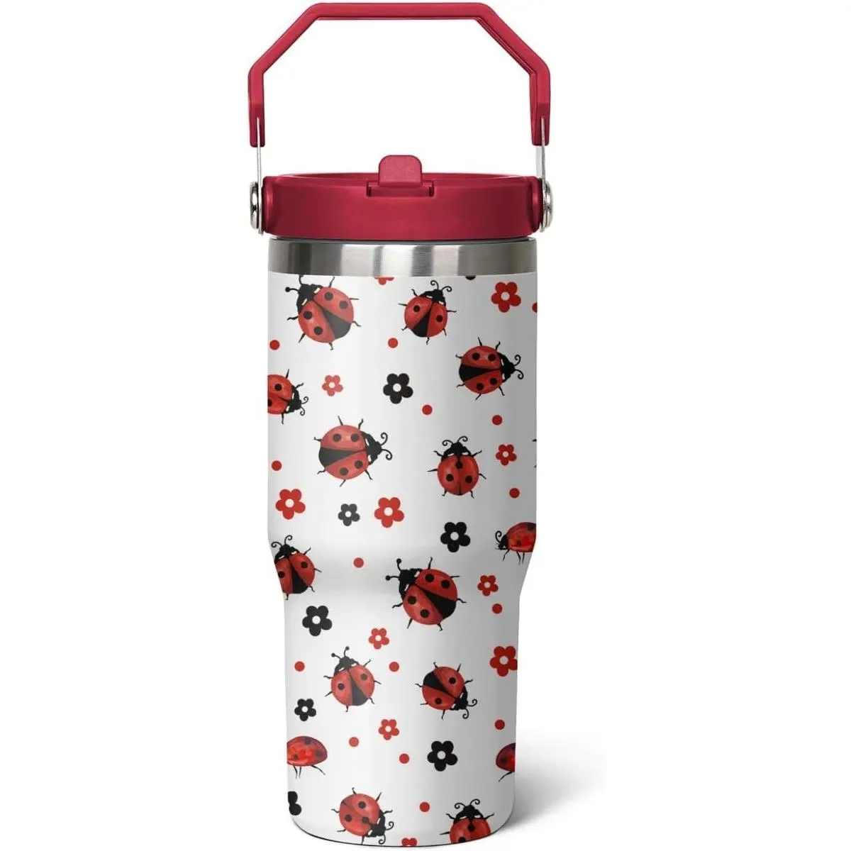 Women's 30oz Ladybug & Bee Printed Stainless Steel Double Wall Insulated Tumbler - Flip-Top, Leakproof, Portable Reusable Coffee Cup with Straw, Kitchenware Drinkware Accessory for Mom, Best Friend, Teen Girls Birthday Gifting