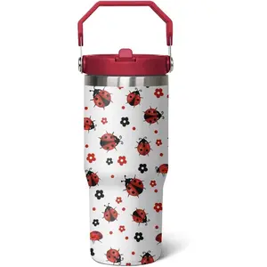 Women's 30oz Ladybug Flip-Top Stainless Steel Tumbler - Portable, Leakproof, Double Wall Insulated Reusable Coffee Travel Mug, Kitchenware Drinkware Accessory