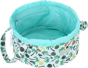 Large Barrel Drawstring Makeup Bag Travel Cosmetic Bag for Women Portable Make Up Organizer Bag with Brush Holder & Pouch Tropical Print