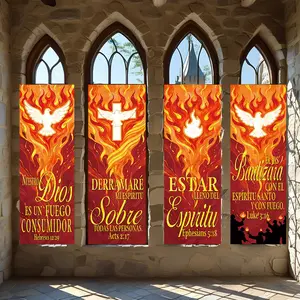 4 Pcs Religious Banners, Polyester Material Holy Spirit Christian Banners Flame Dove Cross Scripture Print for Church Pentecost Celebration Indoor Wall Hanging Decor for Home Prayer Room Worship Gathering Decoration