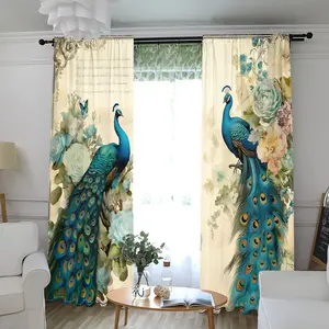 2Pcs/Set Rustic Vintage Peacock Animal Pattern 3D Design Light-Filtering Polyester Drapes Rod Pocket Window Curtains For Living Room Bedroom Kitchen Laundry Bathroom Door Protecting Privacy Home Decor