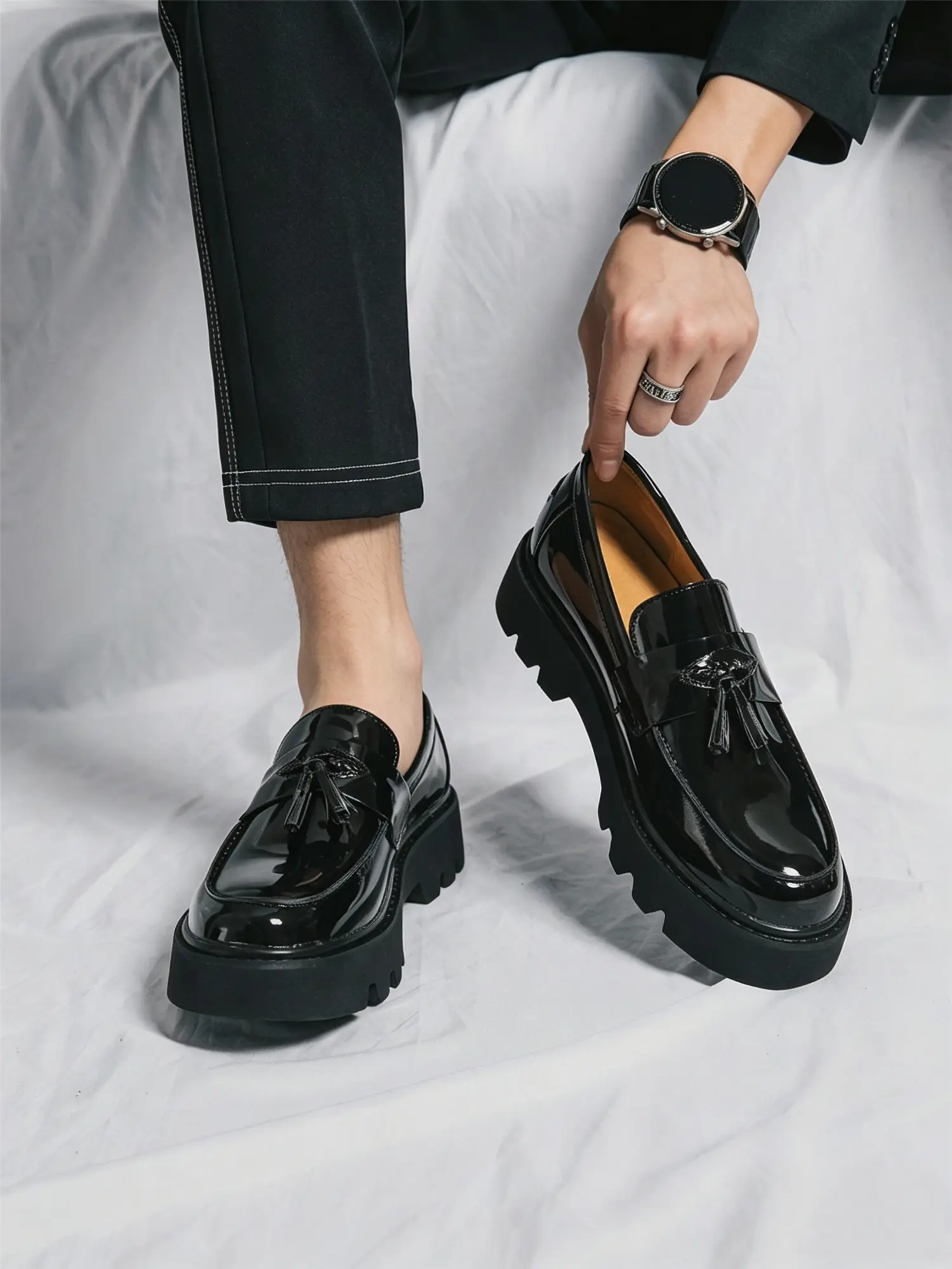 Men Gloss Patent Leather Tassel Loafers Chunky Lug Platform Sole Height Increasing Slip On Dress Shoes British Vintage Casual Footwear For Suit Jeans Daily Dating