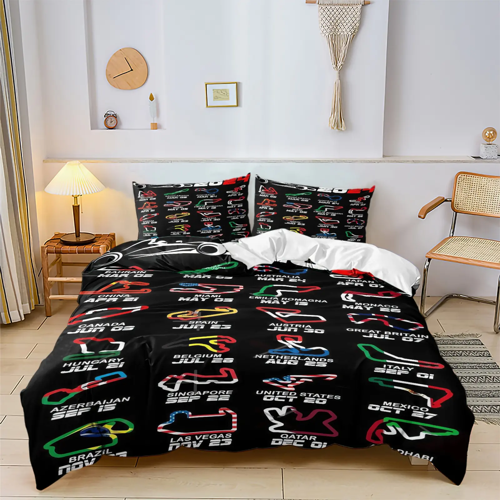 Racing-Themed Printed Duvet Cover Set, Decorative Duvet Cover, Bedroom Bedding Set, Includes duvet cover and 1-2 pillowcases, Luxe Black Background, Colorful Track Patterns, Suitable for Teenagers, Boys' Room Decoration Gift