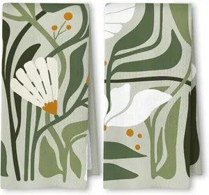 Abstract Boho Sage Green Floral Kitchen Towels Set of 2, 70s Retro Groovy Boho Botanical Dish Tea Towels for Kitchen Decor, Mid Century Modern Hand Towels for Bathroom Decor, 16x24 Inch