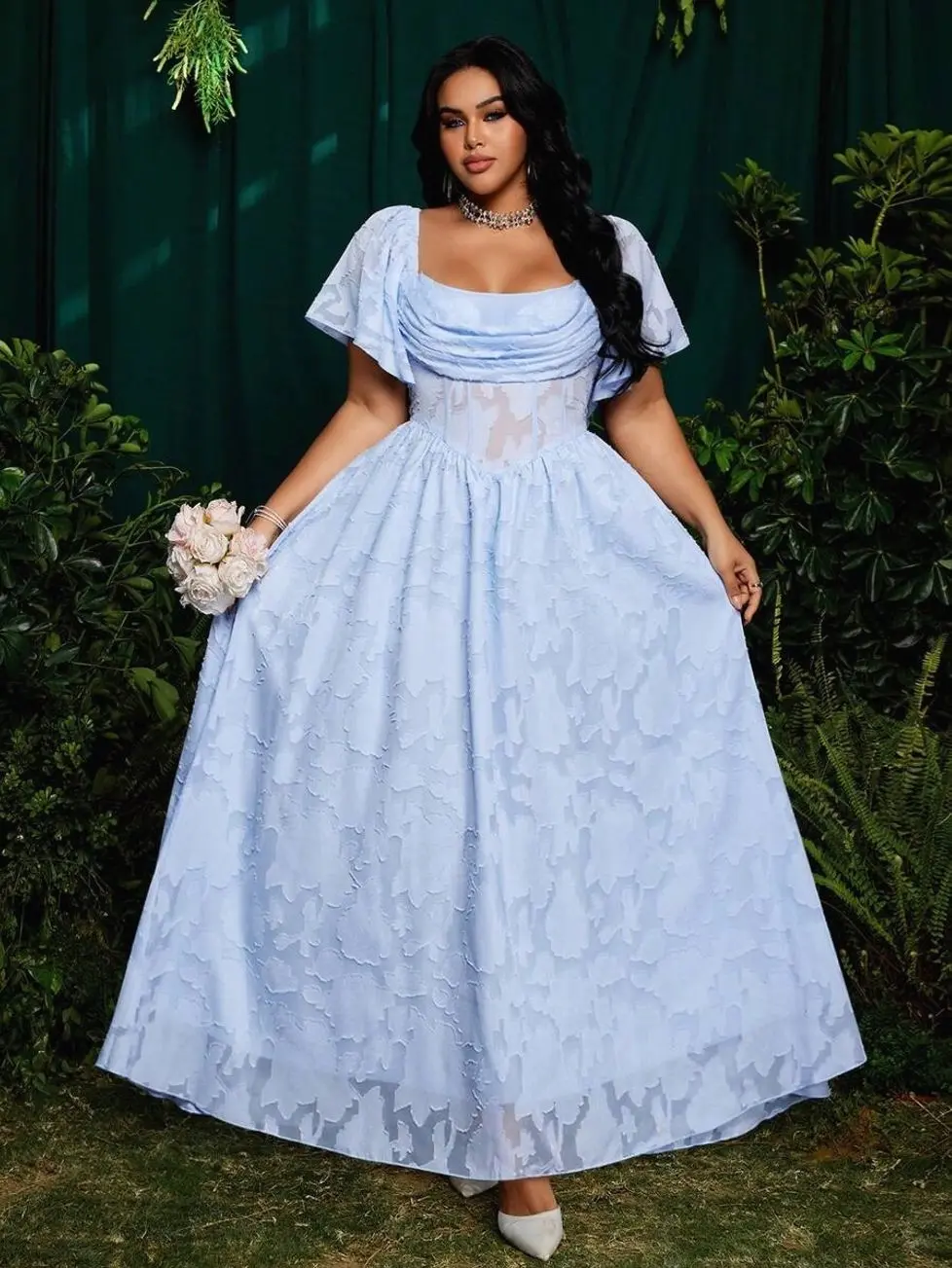 Plus Size Square Neck Ruffle Sleeve Cutout Jacquard Chiffon Elegant Vintage Cute Dress, Suitable For Vacation, Party, Gathering