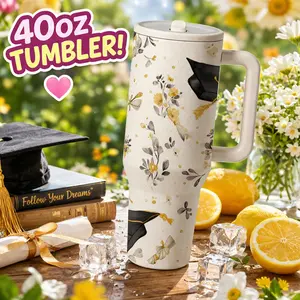 1pc 40oz Stainless Steel Tumbler with Handle, Graduation Flowers Cap Print, Vacuum Insulated Cup, Perfect Graduation Gift