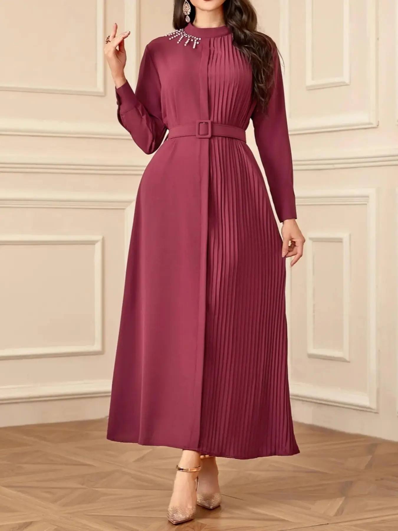 Women's Solid Belted Pleated Dress, Elegant Round Neck Long Sleeve Dress for Party Holiday Wedding Guest, Ladies Clothes for All Seasons