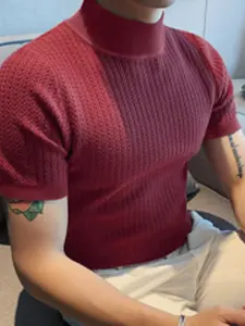 Men's High Neck Knit Sweater, Casual Simple Design, Water Ripple Pattern, Pure Color, Summer Fashion, European Style, Fitted